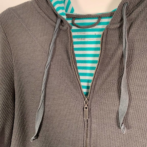 Anthropologie Saturday Sunday Gray Waffle Knit Full Zip Hoodie Medium Striped - Picture 5 of 8